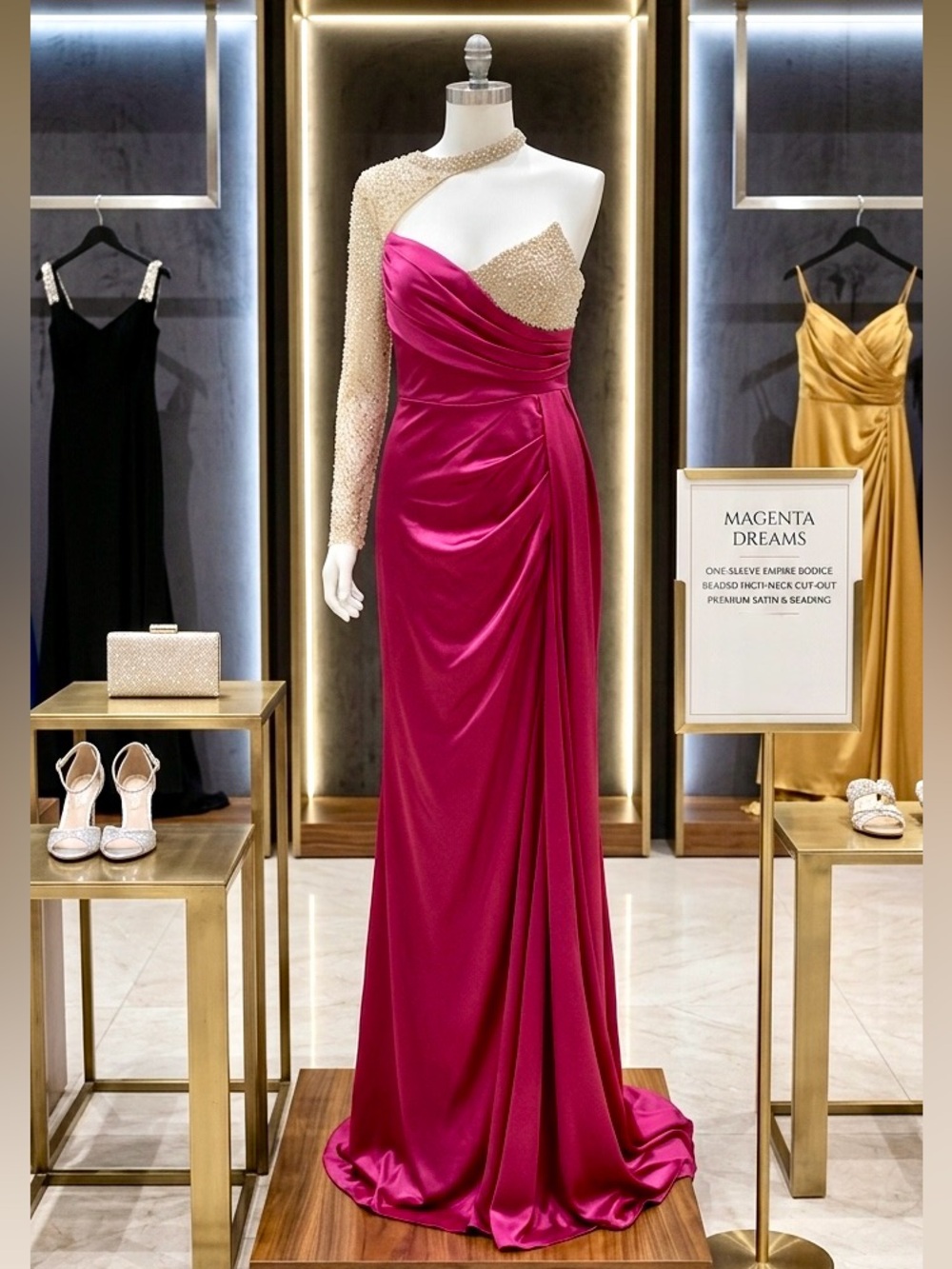Luxury Fuchsia Satin Evening Gown with Beaded Illusion Sleeve, Size Small, NWT